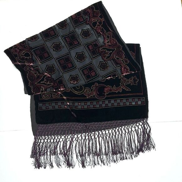 Dark Burgundy Scarf Shawl Burnout Velvet Silk Lined Fringes - Picture 14 of 14
